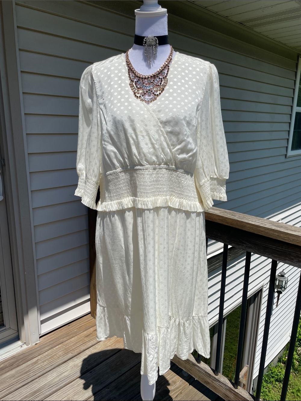 Express Cream Polka-Dot Surplice Midi Dress